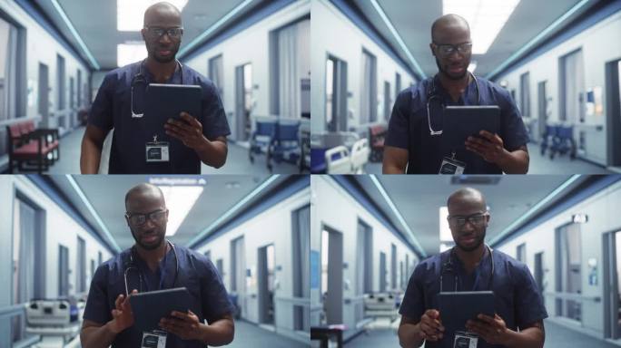 一名态度积极的男医生，平静地走过医院走廊，使用数码平板电脑，向护士和同事打招呼。明亮现代新诊所