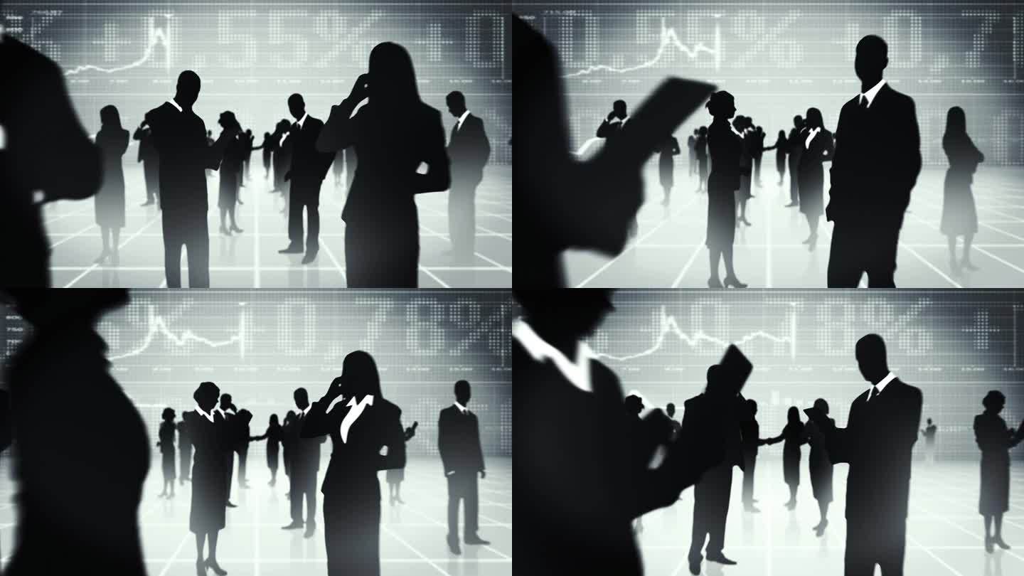 一群商人。商人和女商人握手的剪影。灰色背景上的财务图