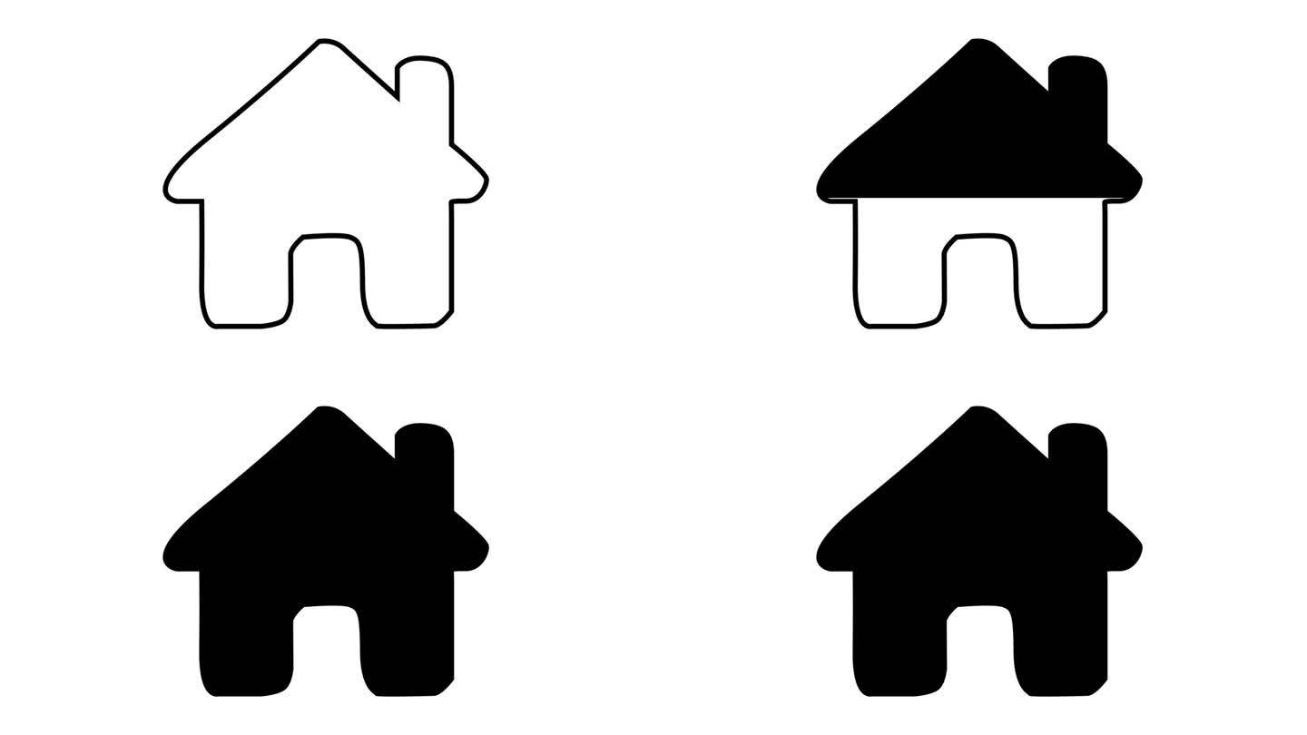 简单的线条画的房子极简主义的黑色轮廓动画在一个白色的背景。