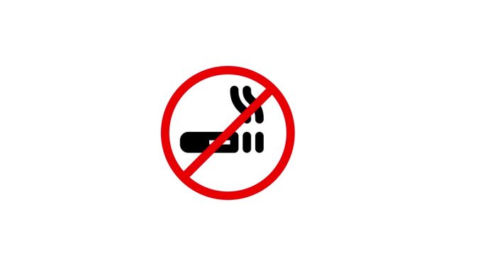 禁止吸烟标志与一个红色的禁止圆圈和香烟图标动画在一个白色的背景。