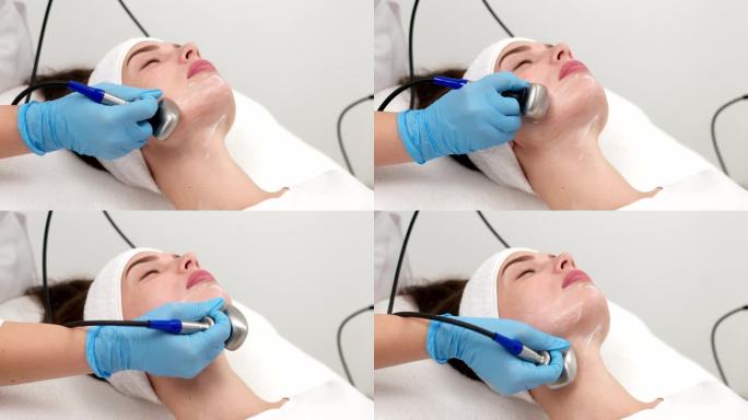 美容超声拉皮。一位年轻女子在美容美容中心享受着手术。拉皮，年轻健康肌肤。