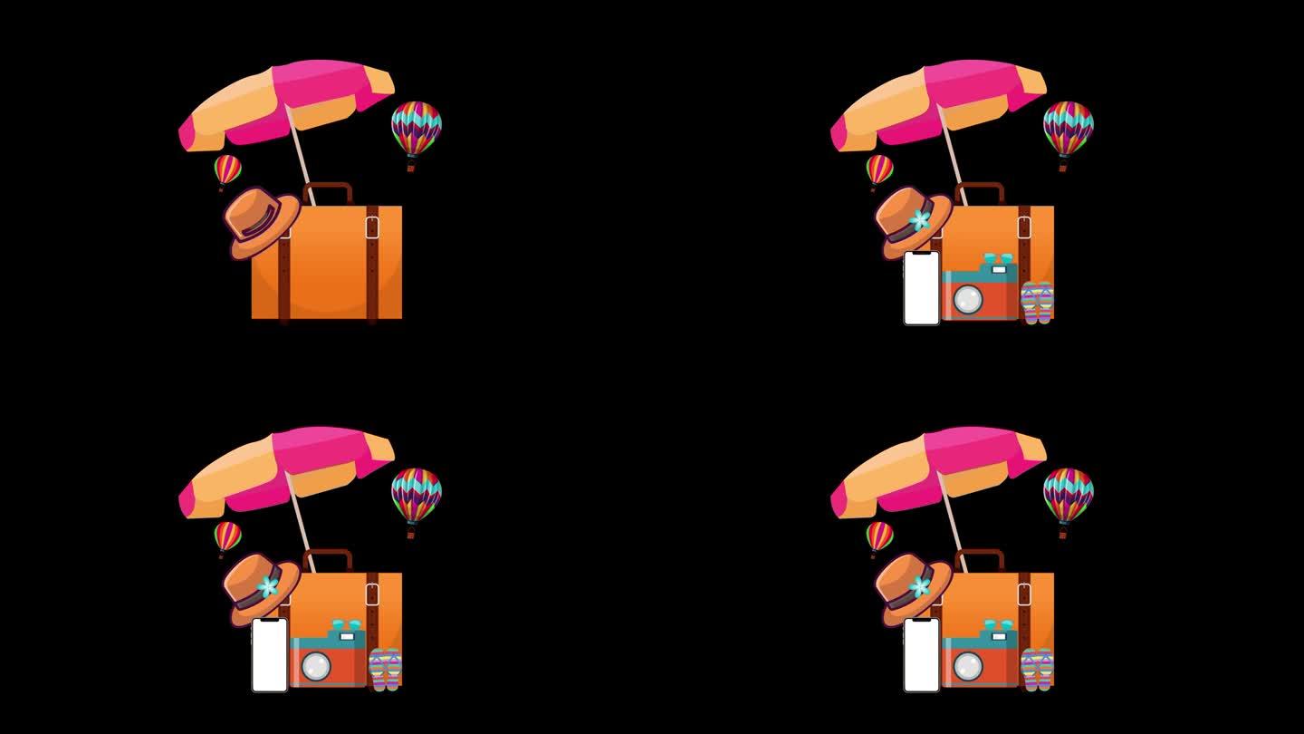 旅游动画暑假旅游概念与阿尔法频道旅行必备物品。