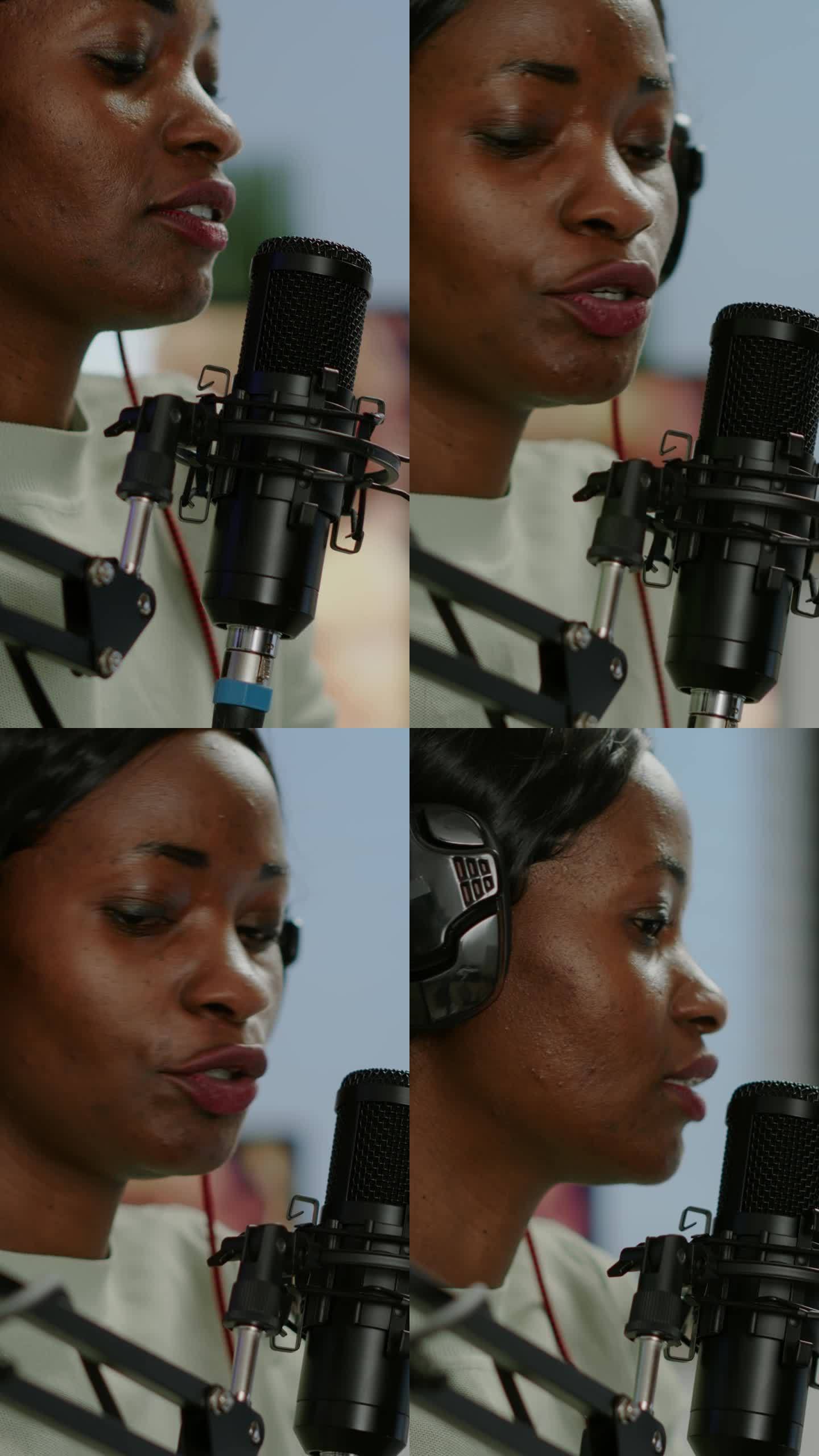 垂直视频:非洲女性视频博主制作新视频博客的特写