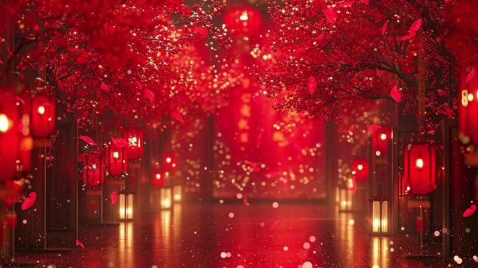4k喜庆新年中国红背景花瓣飘落④