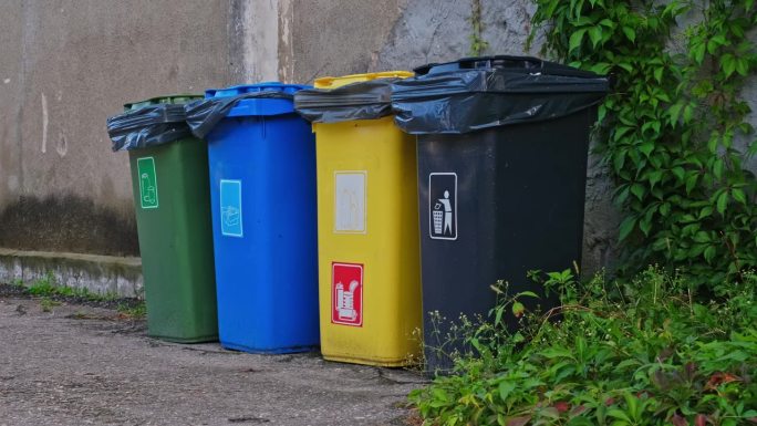 五颜六色的垃圾箱，用于各种废物分类和家庭回收分类