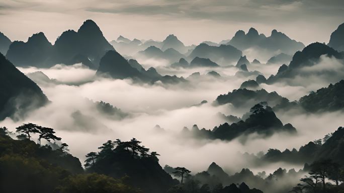 中国风 水墨风远山 山峦叠嶂云雾缭绕山川