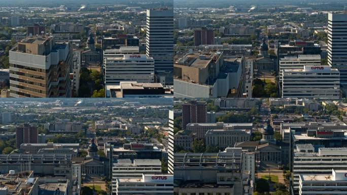摩天大楼耸立在南卡罗来纳州金融区的哥伦比亚城市景观之上。从南卡罗来纳哥伦比亚市中心观看。航拍镜头，镜