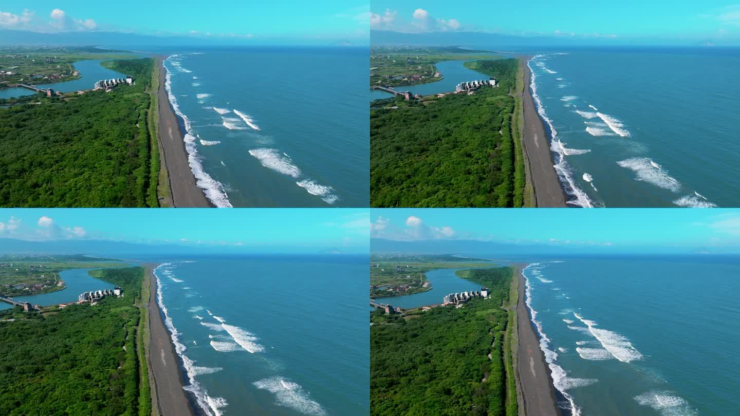 台湾宜兰海岸线和海滩鸟瞰图。