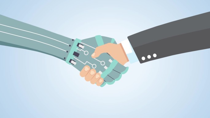 商人和机器人握手动画。人工智能与专业人员协同工作的概念，与人工智能协作。握手