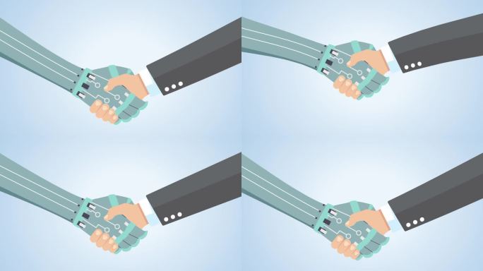 商人和机器人握手动画。人工智能与专业人员协同工作的概念，与人工智能协作。握手