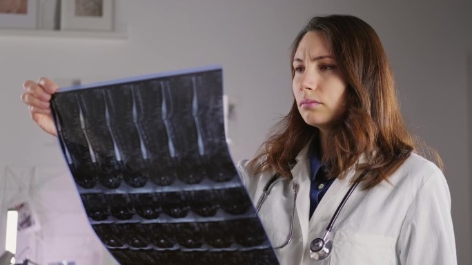 一位身穿白大褂的年轻女医生拿着脊椎骨骼的x光片进行检查。突出和骨折的医学和治疗