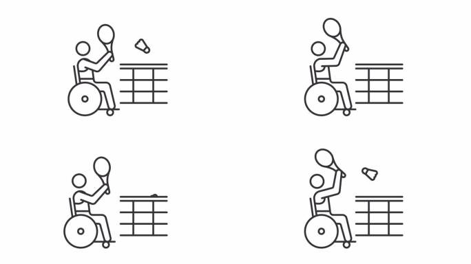 轮椅羽毛球2D黑色创意细线性动画，透明背景高清视频，残奥会无缝循环4K视频