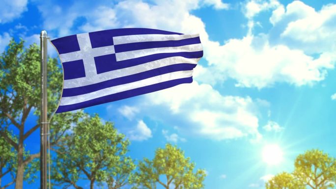 希腊国旗在阳光明媚的日子，无碳标志