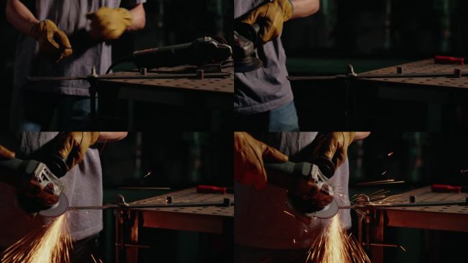 年轻人在一块金属上工作并产生火花的特写
