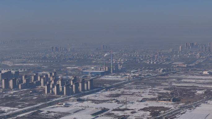 航拍雾霾雪景北方