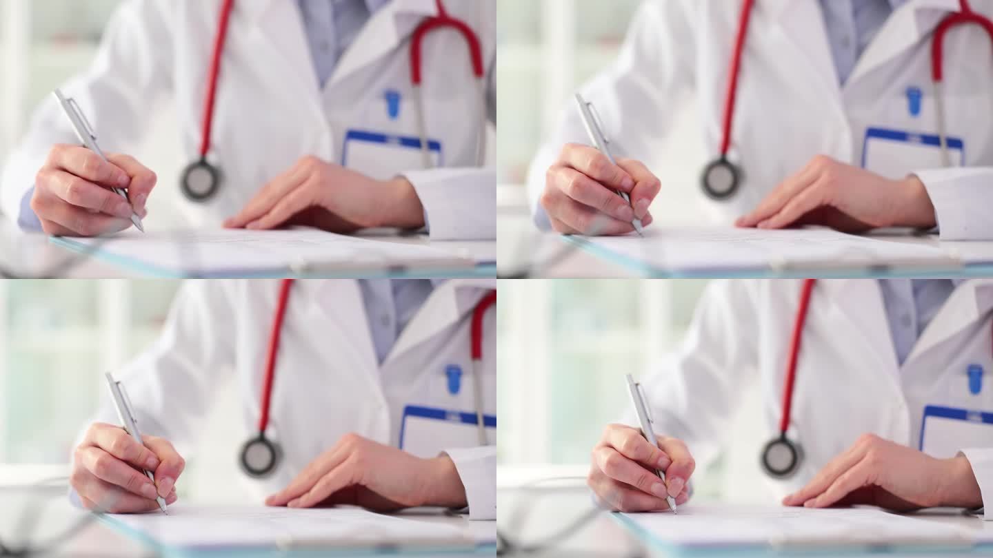 女医生治疗师在医疗文件中做笔记的手