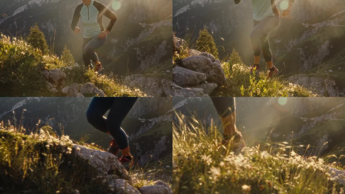 慢镜头女子穿着运动服在阳光明媚的芒加特山上跑步