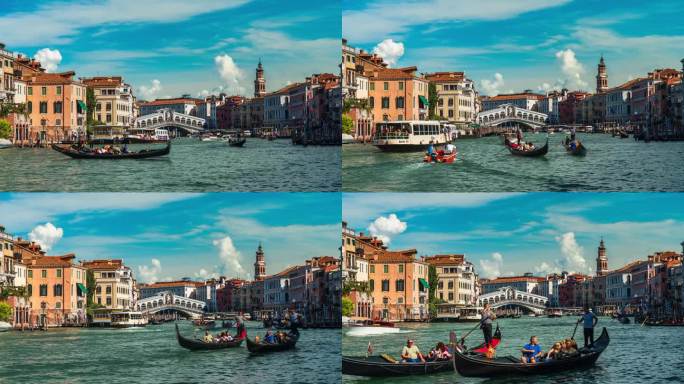 拥挤的大运河，大运河和客船的时间流逝可以看到里亚托桥，这是跨越意大利威尼斯大运河的四座桥梁中最古老的