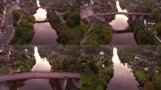 英国什罗普郡铁桥村横跨塞文河的铁桥航拍画面