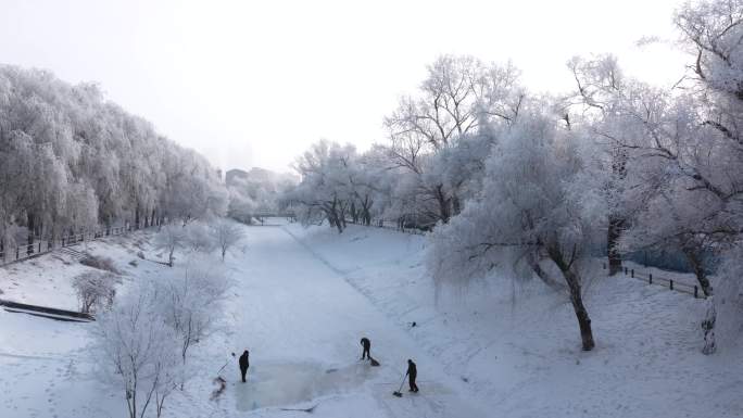 4K东北城市清晨雾凇雪花飘落航拍60P