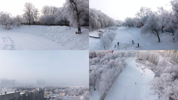 4K东北城市清晨雾凇雪花飘落航拍60P