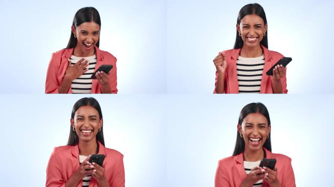 印度女商人，惊喜地获得智能手机奖金和蓝色背景的社交媒体赠品。公司奖励，福利和现在的反应赢得在线竞争的