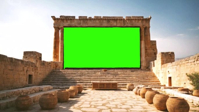 绿幕，绿幕古建筑露天剧场中放置在户外大屏幕或墙上的绿幕或色度键
