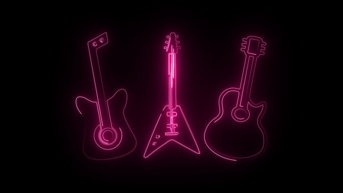 霓虹灯吉他图标在黑色背景。4 k动画。