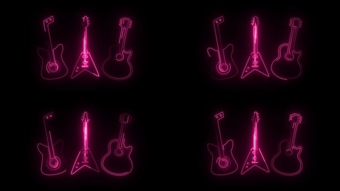 霓虹灯吉他图标在黑色背景。4 k动画。