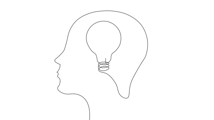 人的头部与灯泡绘制单线动画的创意概念。创造力，头脑风暴和商业创意