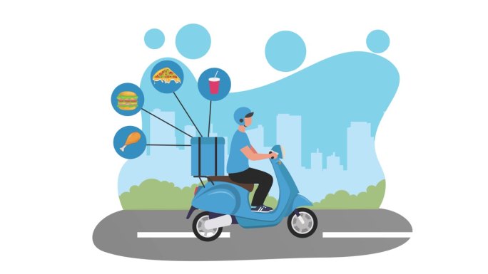 送餐服务概念动画与快递员或送餐员骑滑板车与餐符号。