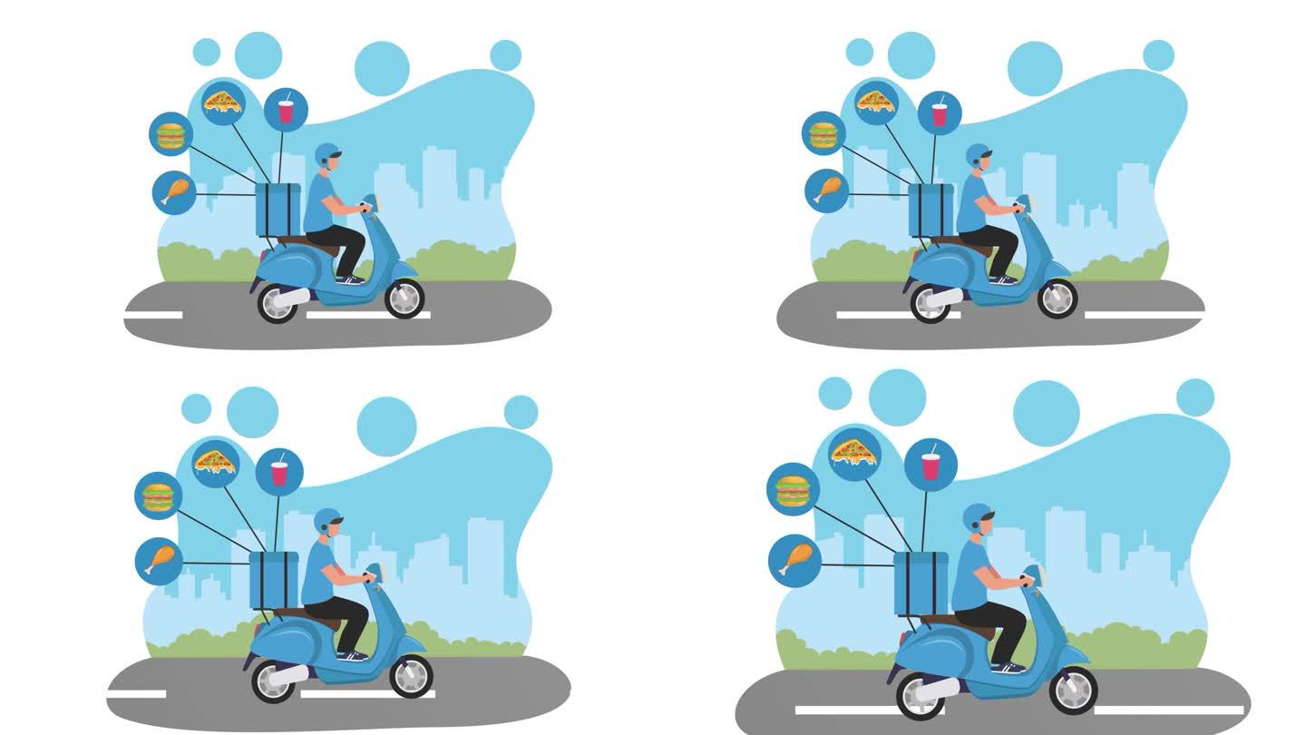 送餐服务概念动画与快递员或送餐员骑滑板车与餐符号。