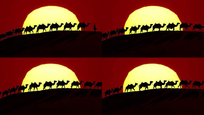 4K夕阳下的沙漠驼队