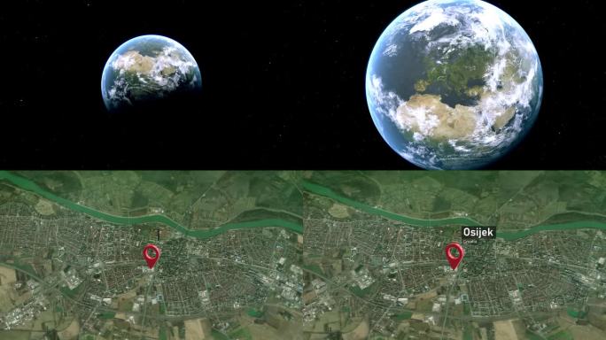 从太空到地球的奥西耶克城市地图，克罗地亚