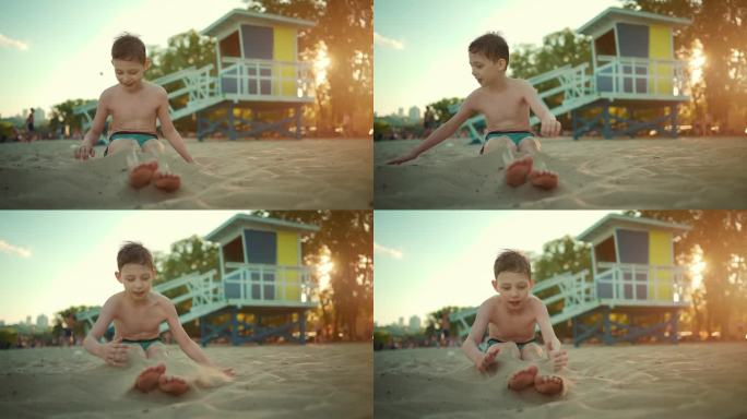 暑假里，快乐的孩子们在沙滩或海边玩沙子，埋在沙子里