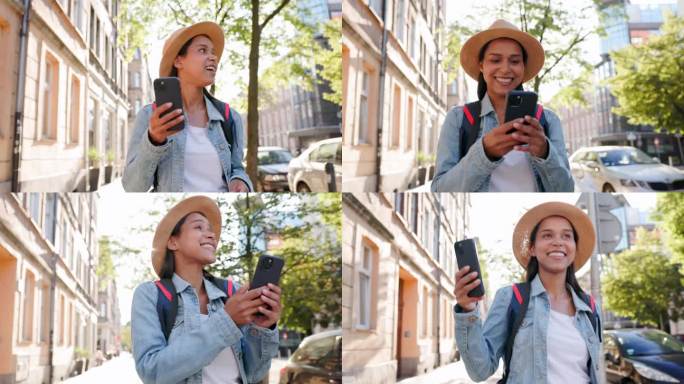快乐的女人用智能手机游览城市