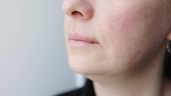 唇部皮肤上的单纯疱疹病毒，囊泡疼痛引起疱疹肿块的不适