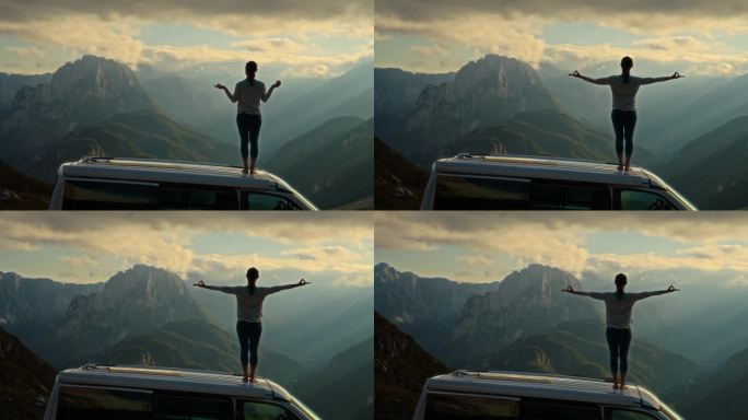 站在屋顶上的女子，伸展双臂练习瑜伽，欣赏芒加特山的美景。女子站在货车车顶上，张开双臂，拥抱瑜伽手印的