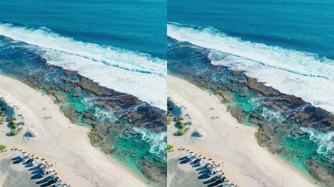 高空无人机拍摄的蓝洞海滩，汽车停在澳大利亚卡尔巴里的蓝洞路