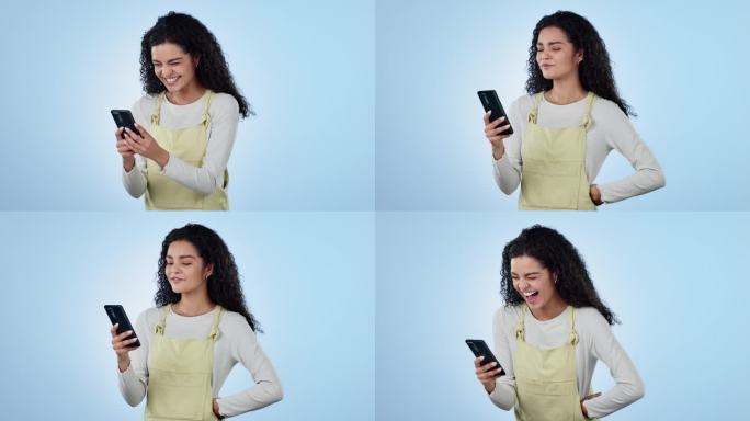 女人，在演播室里笑着用手机打字，更新社交媒体帖子，阅读有趣的通知，在蓝色背景下聊天。快乐的模型滚动移