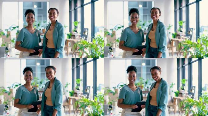 商业，平板电脑和黑人女性在办公室的支持，团队合作和信任，纽带或关怀。工作，朋友和女性合伙人的肖像在创