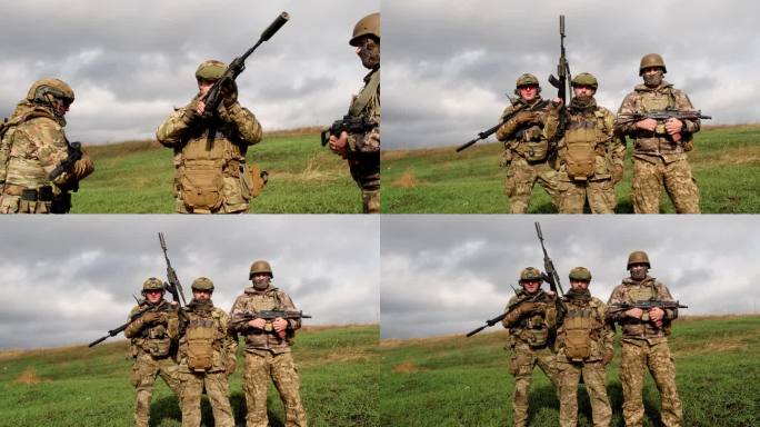 图为，拿着武器和弹药的特种部队士兵在露天场上。军事行动和武装力量的概念。