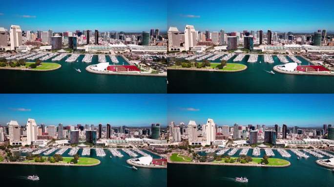 圣地亚哥加州会议中心的鸟瞰图缓缓飞行，可以看到海港和公园。