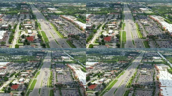 佛罗里达北港宽阔的高速公路上有购物中心和小企业。美国交通和零售基础设施概念