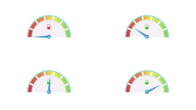 燃油仪表仪表板，燃油水平指示器与箭头闪烁低燃油图标动画