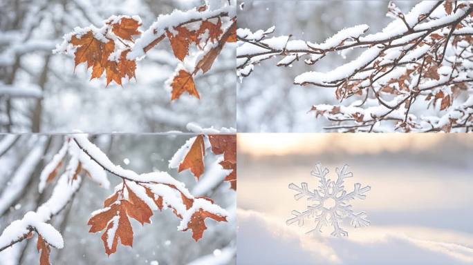 雪景  树叶覆盖雪 小草