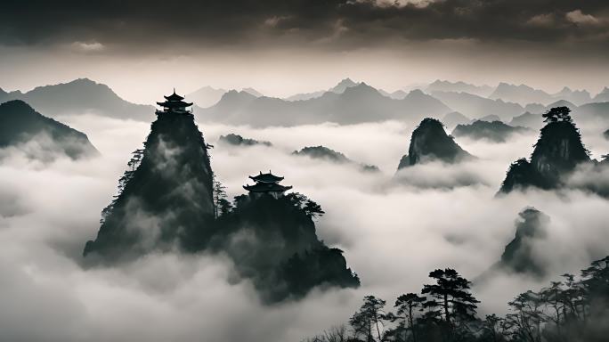 中国风 水墨风远山 山峦叠嶂云雾缭绕山川