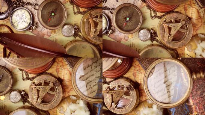 复古风格的旅行和冒险。桌上的老式指南针和其他老式物品。