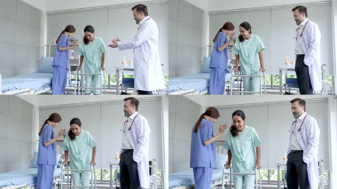 护士帮助女助行器患者接受治疗后，医生站在一旁观察，拍手打气，患者高兴痊愈，又能走路了。