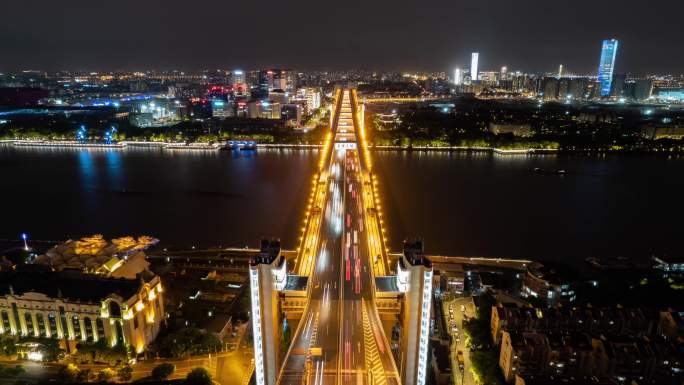 上海卢浦大桥车流夜景航拍